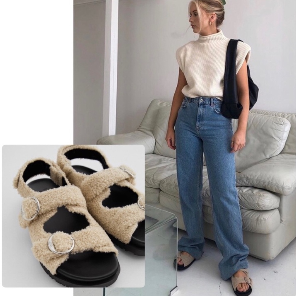 NWT- Zara Flat Faux Fur Buckle Sandal